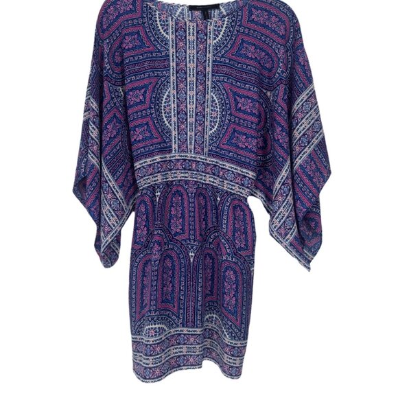 BCBGMaxAzria Bohemian Tunic Dress Kimono Sleeves Navy Blue, Pink & White Size S - Picture 3 of 6